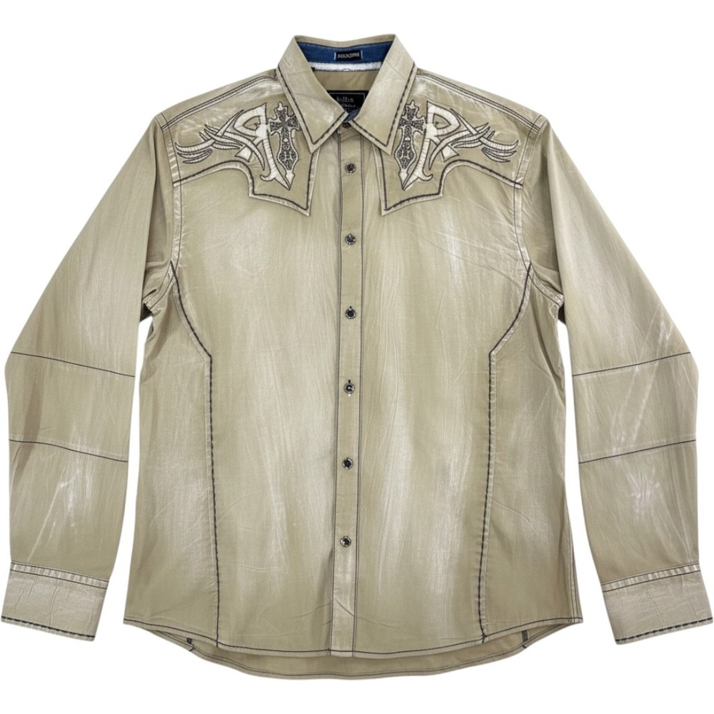Roar Signature Essential Mens Tan Embroidered Cross Western Shirt Medium